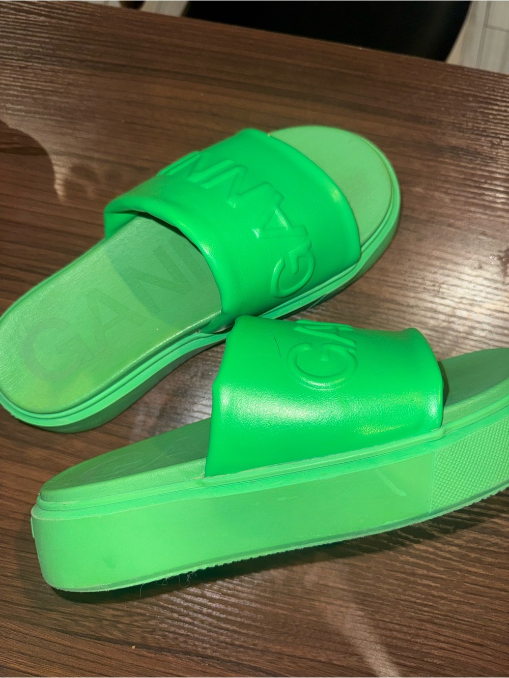 Ganni Neon Green Platform Slide Sandals